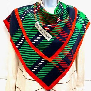 Authentic Scarf YVES SAINT LAURENT 100%  Silk 30" blue green yellow stripe  (29)